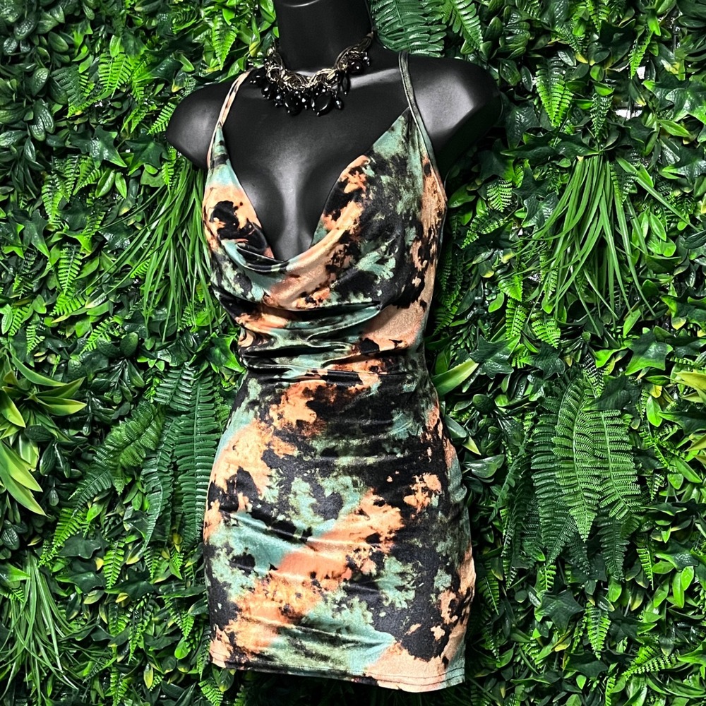 PrettyLittleThing Dress Size 4 Green Orange‎ Tie Dye Velvet Cowl Neck Mini 3704